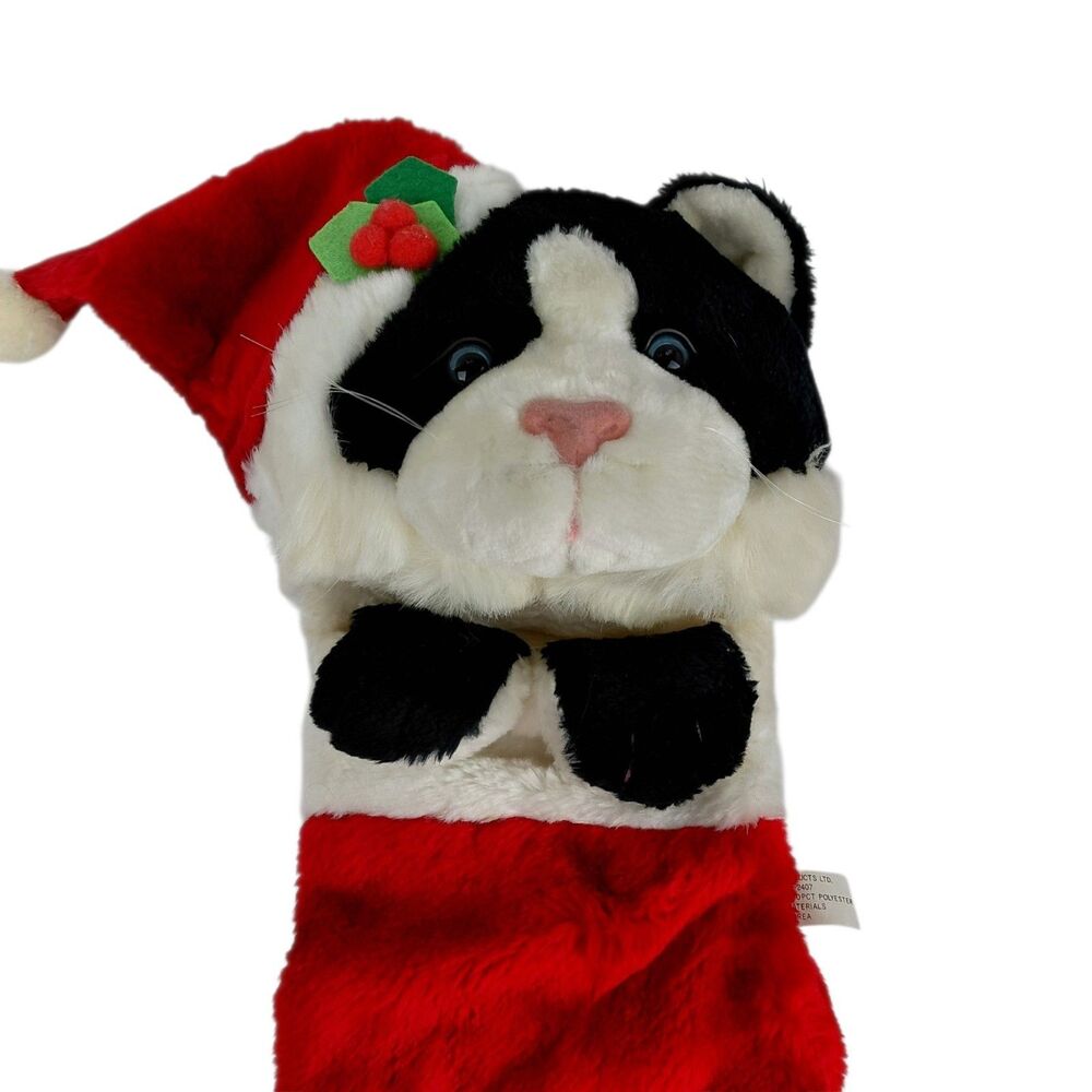 Christmas Stocking Vtg Tuxedo Cat Santa Hat Black Plush 3D Black & White 18"